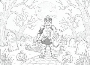 A knight with a shield and sword stands on a stone path among gravestones and glowing pumpkins in a graveyard. Bare trees, bats, and a big full moon set a spooky scene.