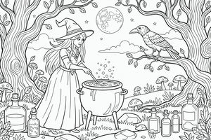 A woman in a witch hat with long hair stirs a big cauldron in a forest clearing at night while a raven sits on a branch nearby. Potion bottles and mushrooms surround her, and the full moon shines above.