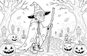 An old man dressed as a wizard walks along a cobblestone path with a staff. Surrounded by jack-o'-lanterns, lanterns, gravestones, and bare trees on an autumn Halloween coloring page.