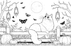 A forest cat lounges on a fence, gazing at fluttering butterflies under a bright full moon. Pumpkins, grass, flowers, and three lanterns hanging from tree branches create a rich nocturnal scene.