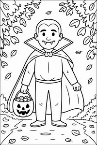 A happy person dressed as a vampire stands on a walkway with a dramatic cape and shows sharp fangs. One hand holds a pumpkin candy bucket, and leaves are falling from the trees above.